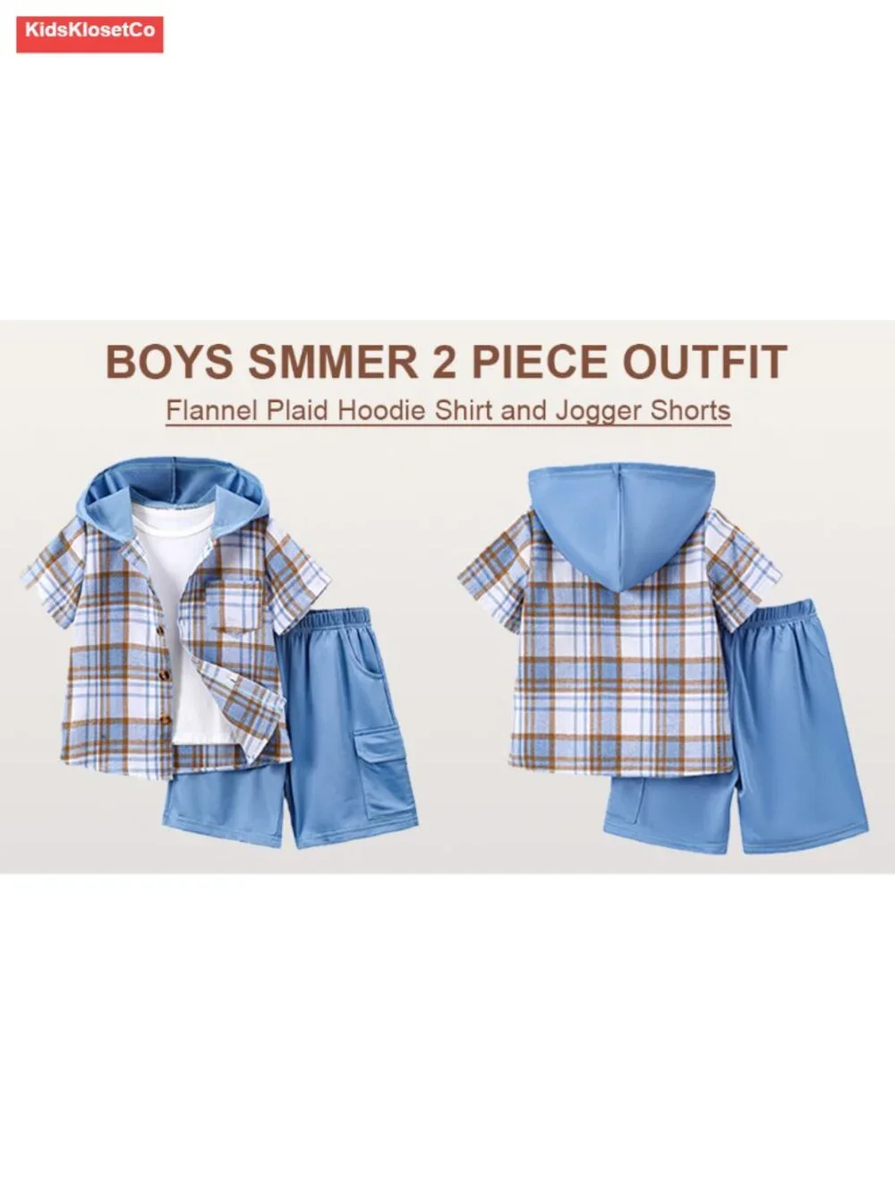 Boys Short Sleeve Hooded Plaid Button Shirt and Jogger Shorts Set